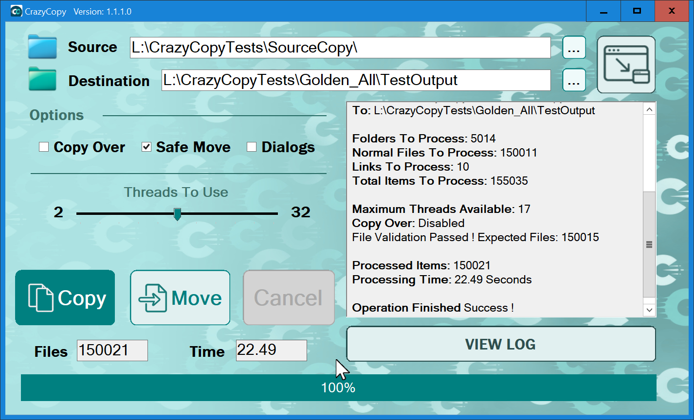 CrazyCopy Main GUI Window - Showing 150,021 Files (45.7 GB) Processed with 17 Threads in 22 Seconds 